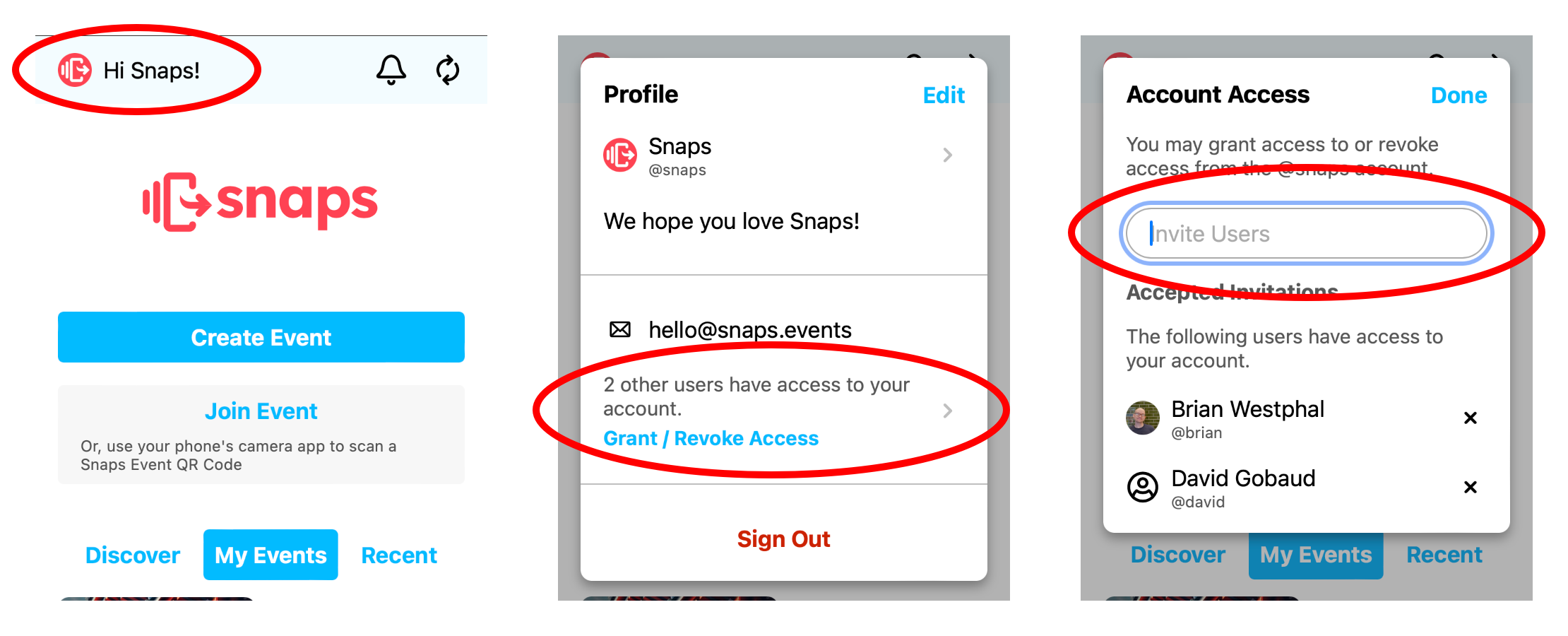 Grant Access Flow: 1. Click your user profile button; 2. Click "Grant / Revoke Access"; 3. Enter the username to grant access to