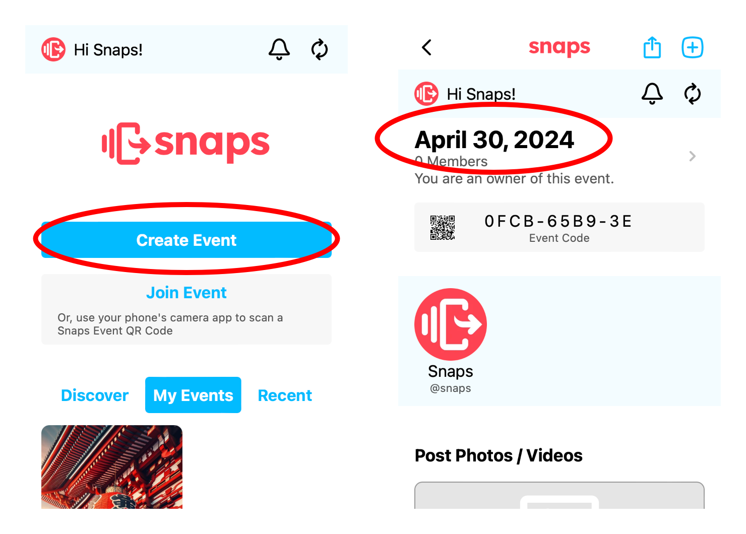 Create Event Flow: 1. Click "Create Event"; 2. Click the title, which will be today's date, to edit the event's settings