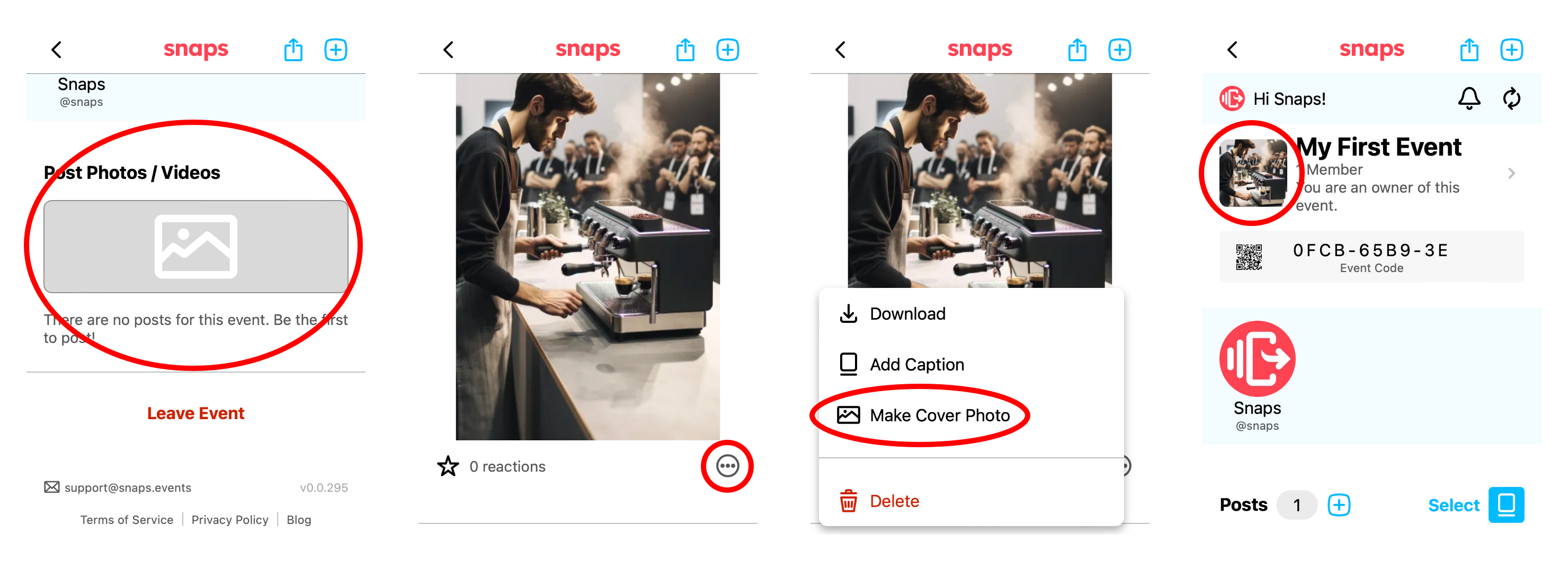 First Photo Flow: 1. Use the media drop target to upload a photo; 2. Click the … button below the photo to bring up the actions menu; 3. Select "Make Cover Photo"