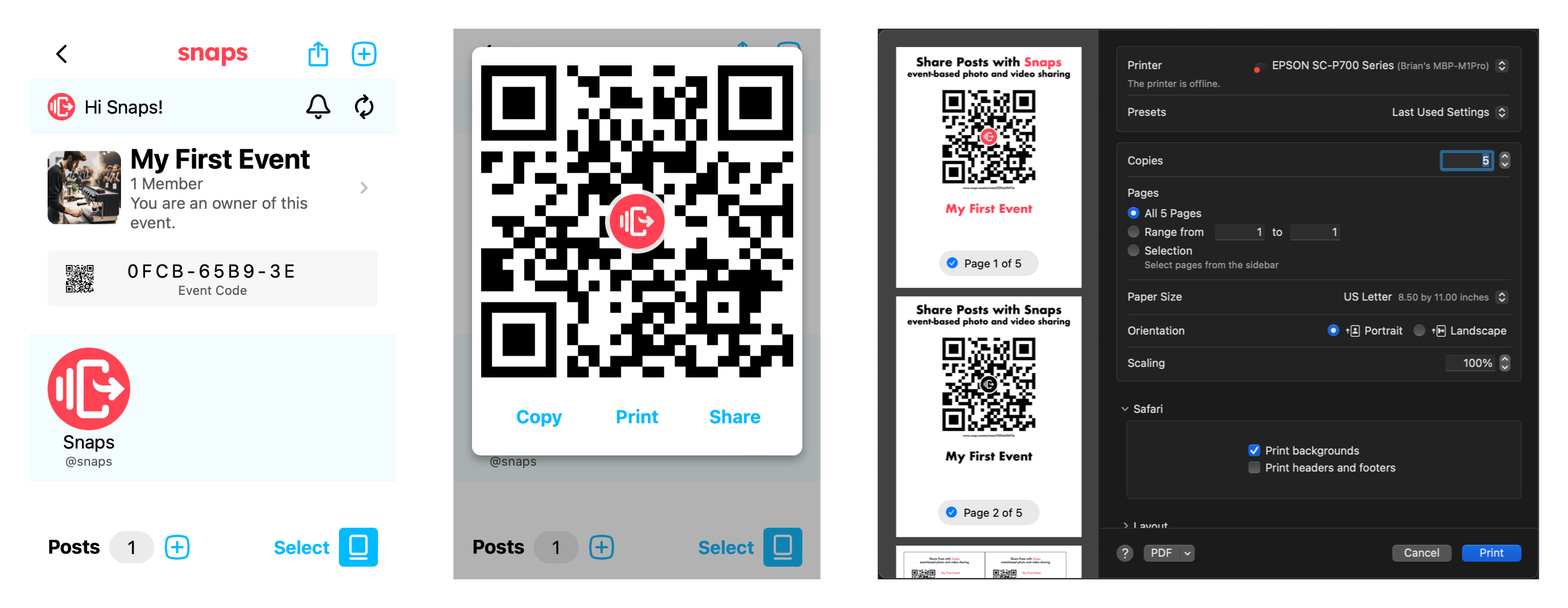 Print Flow: 1. Click the QR code button; 2. Click "Print"; 3. Select the desired print options in your OS