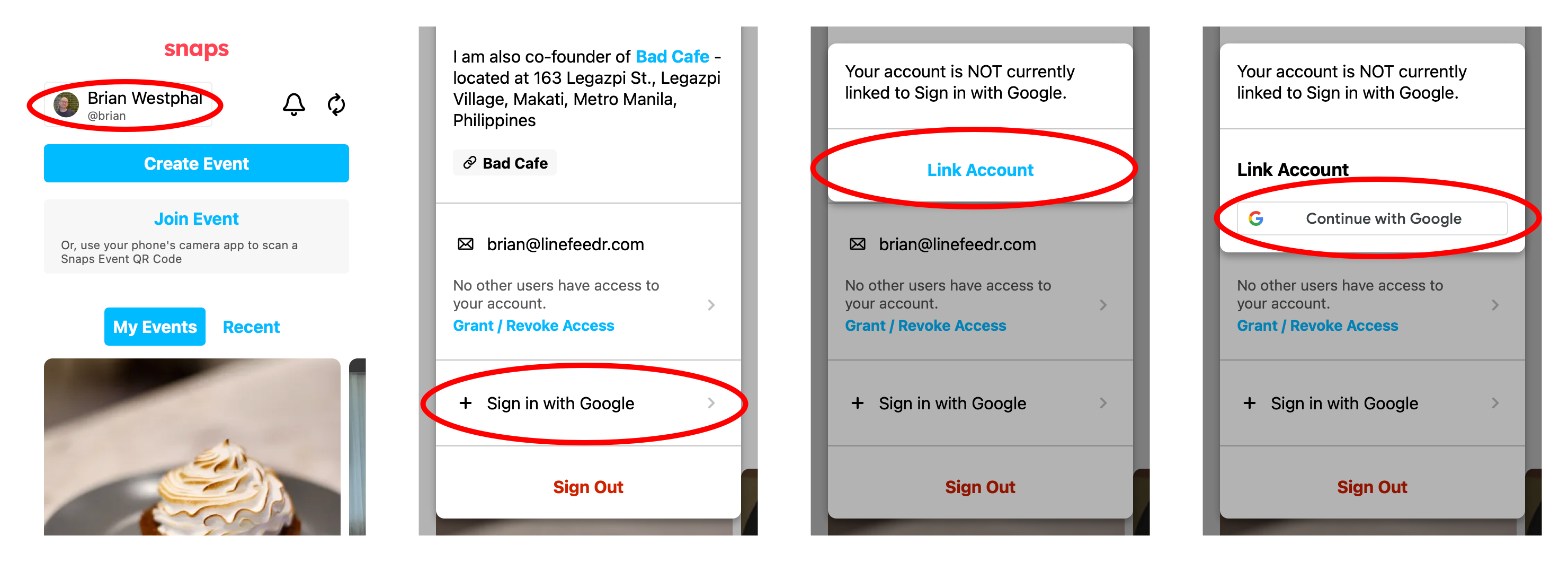 Link Google Account Flow: 1. Click your user profile button; 2. Click "Sign in with Google"; 3. Click "Link Account"; 4. Click "Continue with Google"